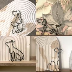 three different pictures with wire animals on them