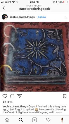 an image of a blue and red painting on the back of a facebook post with caption