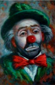 an oil painting of a clown with a red nose