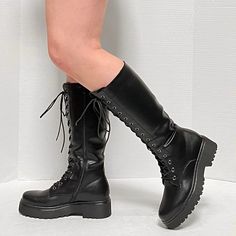 These Newly Arrived Combat Boots Will Spruce Up Your Outfit Instantly New In Box Vegan Leatherette Material Side Zipper For Easy Shoe Removal Comfy Platform Lug Soles Platform Height: 1 In. Heel (Including Platform): 1.5 In. Fitting: True To Size. Regular Fit. Combat Boots, Character Clothes, Clothes Ideas, Moto Boots, Things To Buy, Mid Calf, New Black, Side Zipper, Black Lace