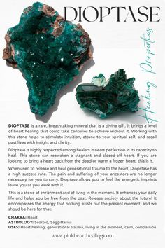 Dioptase Healing Crystal Metaphysical meaning Crystal Identification, Crystal Vibes, Heart Healing, Crystal Power, Herbal Magic