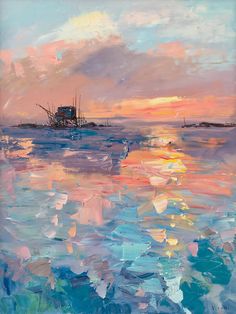 an oil painting of boats in the ocean at sunset