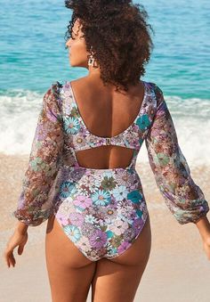 GabiFresh Cup Sized Chiffon Sleeve One Piece Swimsuit | Swimsuits For All Swimwear With Sleeves, Swimsuit With Sleeves, Gabi Fresh, Blue Watercolor Floral, Swimsuit Blue, Sleeve Swimsuit, Swedish Fashion, Curvy Swimwear, Perfect Swimsuit