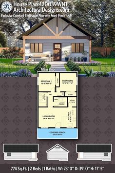 the floor plan for a small house with an attached porch and covered patio, along with two