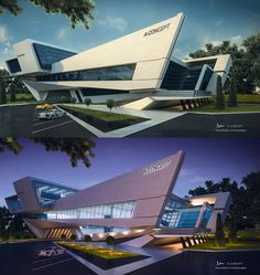 two different architectural renderings of a modern building