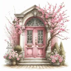 a painting of a pink door and some flowers