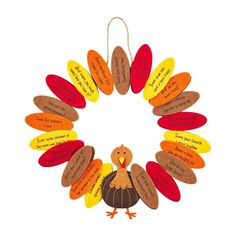 a turkey ornament hanging from a string with words on it's side