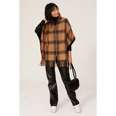 Brown plaid wool blend (70% Wool, 25% Nylon, 5% Other Fibers) Poncho. Short sleeves. Pull-on. 30" from shoulder to hemline. Imported. Rent The Runway, Closet Designs, Brown Plaid, Fringe Trim, Trina Turk, Wool Plaid, Black Print, Scotland, Wool Blend