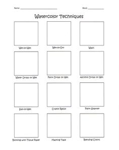 the watercolor techniques worksheet is shown in black and white, with different colors