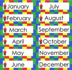 months of the year with legos on them and words that spell out their names