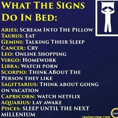 a poster with the words what the signs do in bed written on it and an image of