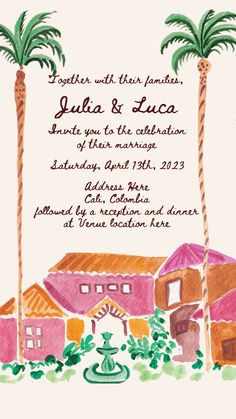 a wedding card with two palm trees in the background