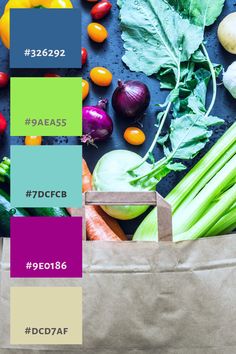 a paper bag filled with different types of vegetables