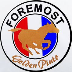 the emblem on the side of a car is painted gold and blue, with an orange bull in the center