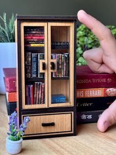 a miniature book shelf with books and a potted plant