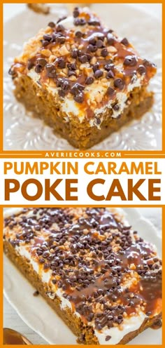 pumpkin caramel poke cake with chocolate chips and marshmallows in the middle