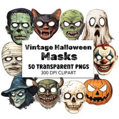 a group of halloween masks with the words, vintage halloween masks transparent background pngs