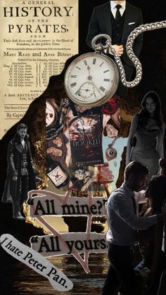 a collage of images with an old time clock and some people in the background