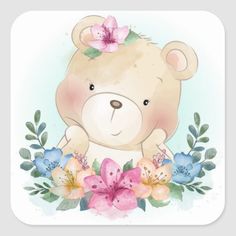 a brown teddy bear surrounded by flowers on a blue and pink background with watercolor splashes