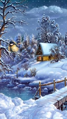 a painting of a snowy scene with a bird on the tree