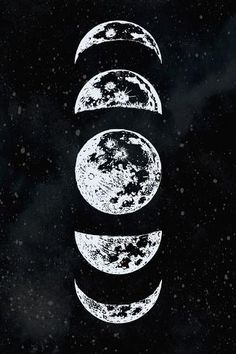 three phases of the moon in black and white on a dark background with space for text