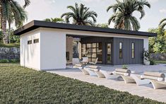 an artist's rendering of a small building with benches in the foreground and palm trees in the background