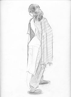 a pencil drawing of a woman standing with her back to the camera, looking down