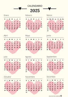 a calendar with hearts drawn on it and the date for each month, in spanish