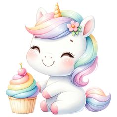 a cute little unicorn eating a cupcake