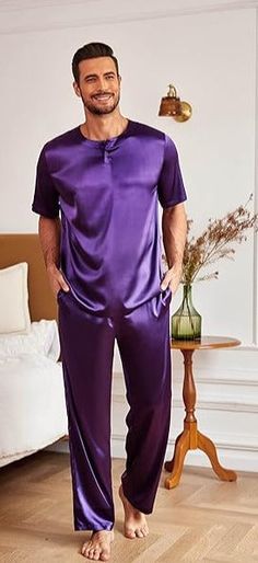 Experience ultimate luxury and comfort with our Men's Satin Silk Shirt & Pants Pajamas. Made from high-quality satin silk, this set will keep you cool and stylish all night long. The shirt features a classic button-up design and the pants have an elastic waistband for the perfect fit. Unwind in style with this must-have sleepwear set! Synthetic Fibre,soft,lightweight,fashionable.Not see through! 2 piece pajamas set includes short sleeve night shirt and long bottom.Button down pajamas are round n Silk Pyjamas Men, Blue Satin Sleep Set, Men Luxtrous Satin Pajama, Mens Silk Pajamas Red, Button Down Pajamas, Mens Silk Pajamas, Winter Knit Hats, Silk Shorts, Purple Satin