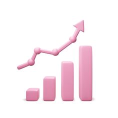 a pink bar chart with an arrow going up