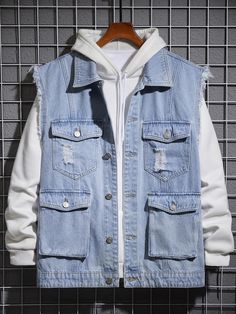 Light Wash Casual  Sleeveless Denim Plain Other  Non-Stretch  Men Denim Jean Jacket Vest Outfits, Sleeveless Denim Jacket Outfit, Jacket Without Sleeves, Bomer Jacket, Denim Aesthetic, Cargo Jacket Mens, Denim Outfit Men, Trucker Jacket Men, Half Jacket