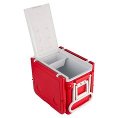 a red and white cooler with its lid open on a white background, showing the inside compartment