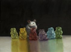 a painting of a mouse standing in front of gummy bears