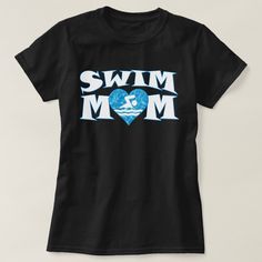 a black t - shirt with the words swim mom in blue and white letters on it