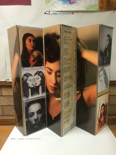 an open book with pictures of women on it and the pages are folded in half