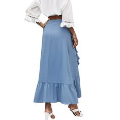 Blue Wrap Ruffled Hem Tie Waist Maxi Skirt High Waist Ruffled Maxi Skirt For Spring, Spring High-waist Ruffled Maxi Skirt, Blue Maxi Skirt For Brunch, High Waist Ruffled Maxi Skirt For Day Out, Elegant Blue Ruffled Maxi Skirt, Elegant Blue Maxi Skirt With Ruffles, Blue Casual Maxi Skirt For Brunch, Chic Light Blue Bottoms With Ruffles, Solid Long Skirt For Brunch