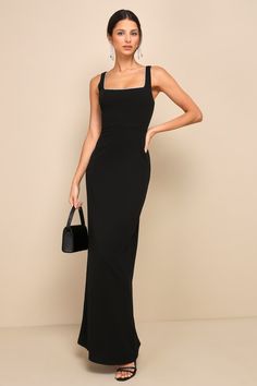 Timeless Poise Black Rhinestone Square Neck Backless Maxi Dress Black Gala Dress, Luxe Dress, Dress Outfits Party, Backless Maxi Dress, Column Skirt, Cutout Maxi Dress, Black Dress Formal, Black Bridesmaid Dresses, Adhesive Bra