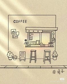 a drawing of a coffee shop with stools