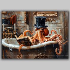 an octopus in a top hat is reading a book while sitting on a bathtub