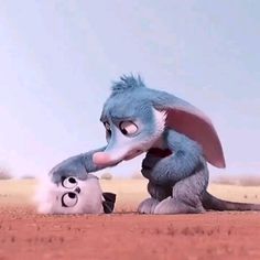 an animated character is touching another character's face in the middle of a desert