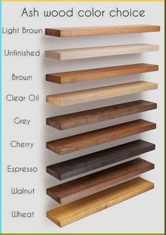 the ash wood color choice is shown in three different colors and sizes, including light brown, unfinished, clear oil, cherry, espresso, espresso