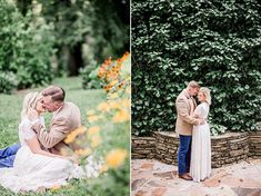 a man and woman are sitting on the ground in front of some flowers, one is kissing