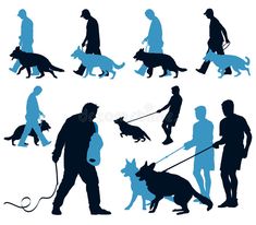 the silhouettes of people walking their dogs on a white background, each with different leashes