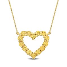 Bring romantic detail to all your favorite looks when you wear this delightful yellow citrine outline heart necklace in 10K gold. Crafted in warm 10K gold Golden yellow citrines line this classic open heart design. The style suspends centered along a cable chain that secures with a spring-ring clasp. 17.0-inch total length. 14k Gold Heart-shaped Yellow Jewelry, Heart-shaped 14k Yellow Gold Jewelry, Yellow 14k Gold Heart Jewelry, Yellow Heart Pendant Jewelry For Anniversary, Yellow Heart Pendant Necklace For Valentine's Day, Yellow Jewelry With Heart Charm For Anniversary, Elegant Yellow Jewelry With Heart Charm, Yellow Heart Charm Jewelry For Anniversary, Elegant Yellow Heart Pendant Necklace