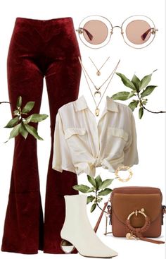 Outfit example with maroon bell bottom pants and a button down tan shirt tied at the waist. Gold jewelry and a brown crossbody bag. White ankle boots with sphere heels. Circle sunglasses. Earthtones Outfits, 70s Inspired Outfits, Boots Boho, 70s Inspired Fashion, Boho Outfit, 70s Outfits