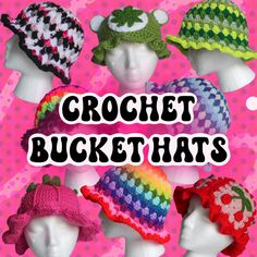 crochet bucket hats on mannequin heads with the words crochet buckets