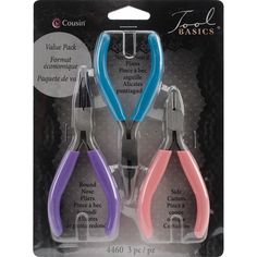 three pairs of scissors with plastic handles in front of a carded package for use on sewing projects