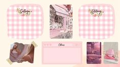 a collage of photos with pink and white checkered paper on top of it