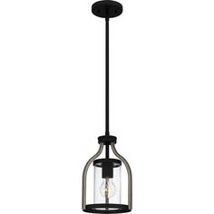 a black and silver light fixture with a clear glass shade on the bottom half of it